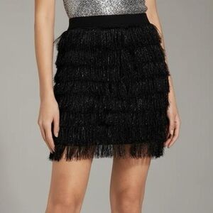 BCBGMAXAZRIA Fringe Mini Skirt Black metallic threads fairy whimsical goth Sz L